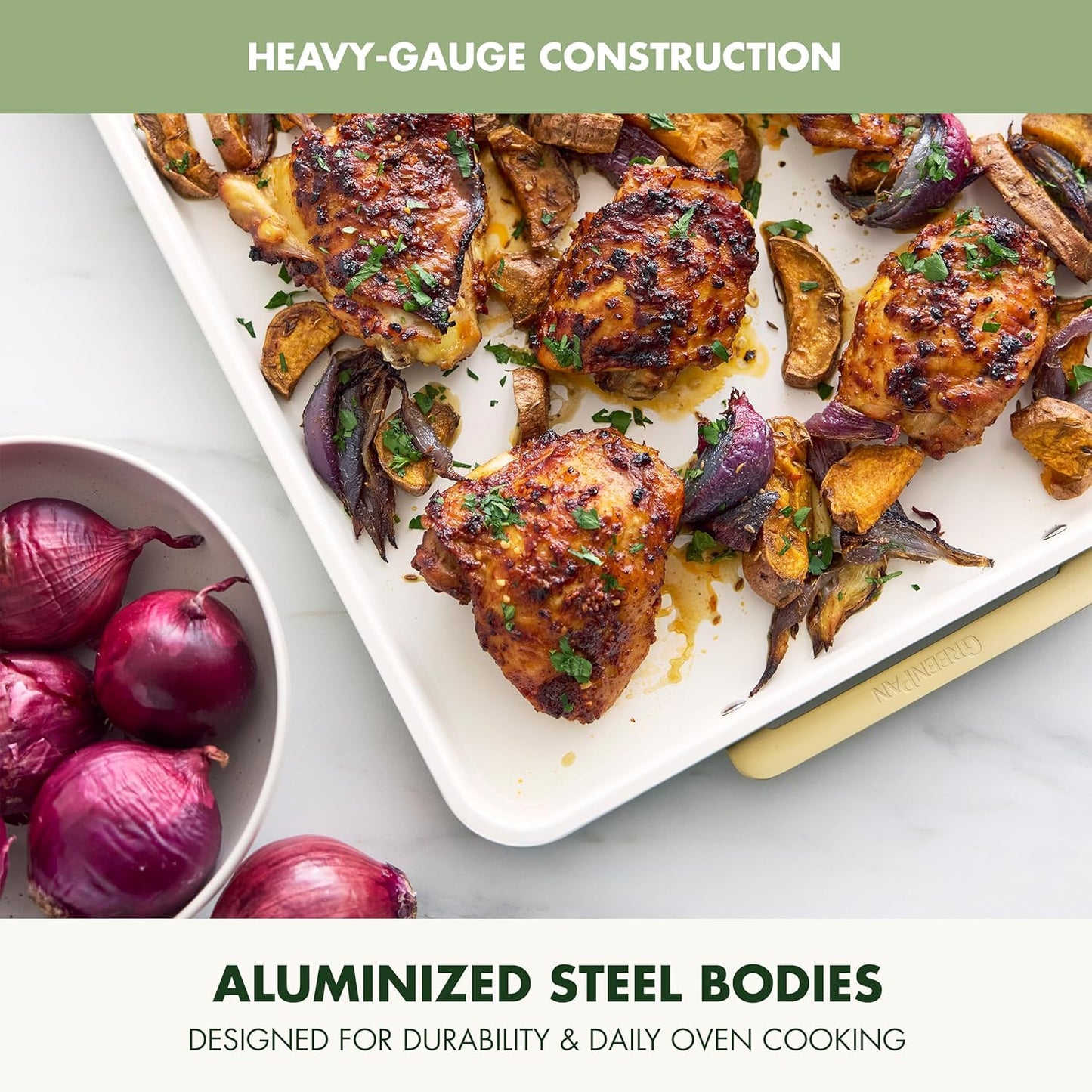 GreenPan Bakeware 13"x18" Half Baking Sheet Pan, Ceramic Nonstick Baking Pan, PFAS & BPA Free, Gold Handles, Durable Steel, Versatile & Space Saving Ovenware, Freezer to Oven Dish, Sage Green