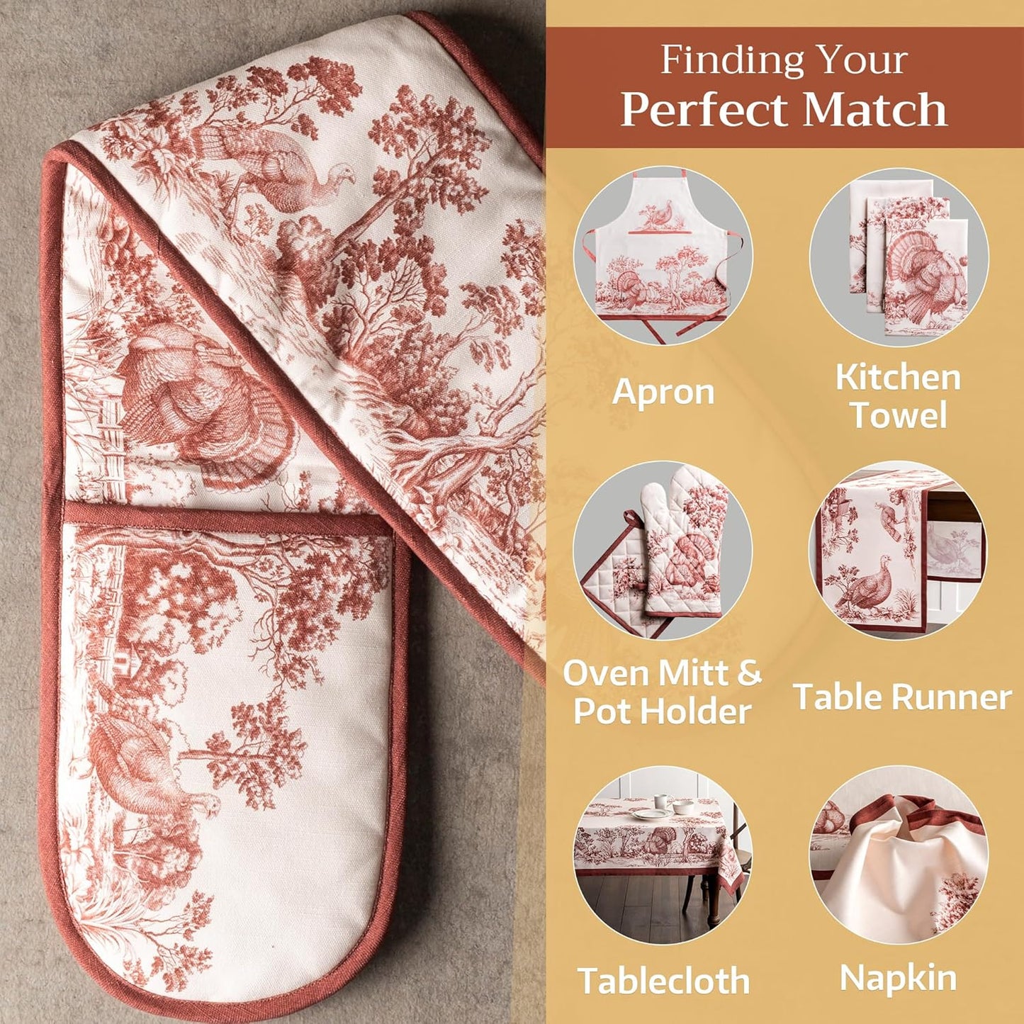 Maison d' Hermine Double Oven Mitt 100% Cotton Heat Resistant Cooking Gloves with Loop, Baking Barbeque, Handling Hot Pan, Holy Jouy - Brown - Thanksgiving/Christmas (7 Inch x 35 Inch)