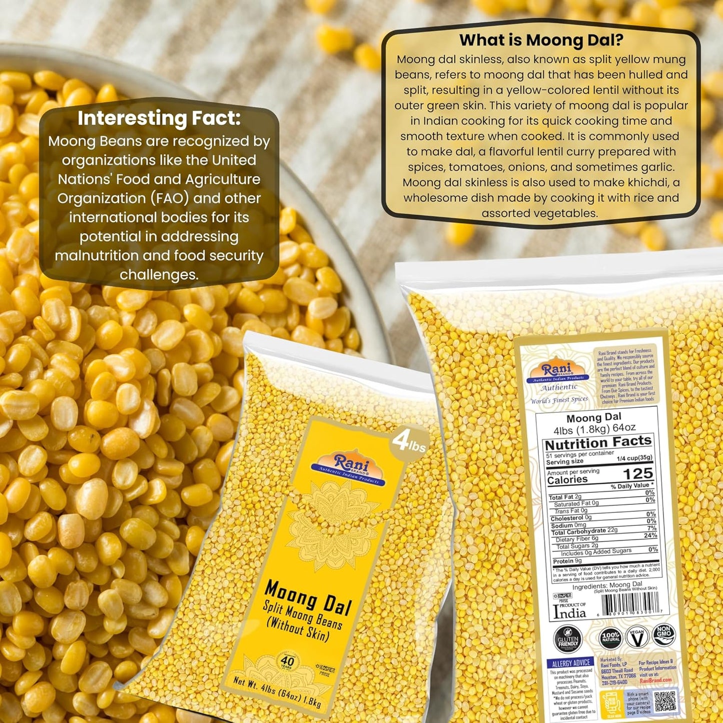 Rani Moong Dal (Split Mung Beans Without Skin) Lentils Indian 64oz (4lbs) 1.81kg Bulk ~ All Natural | Gluten Friendly | Non-GMO | Kosher | Vegan | Indian Origin