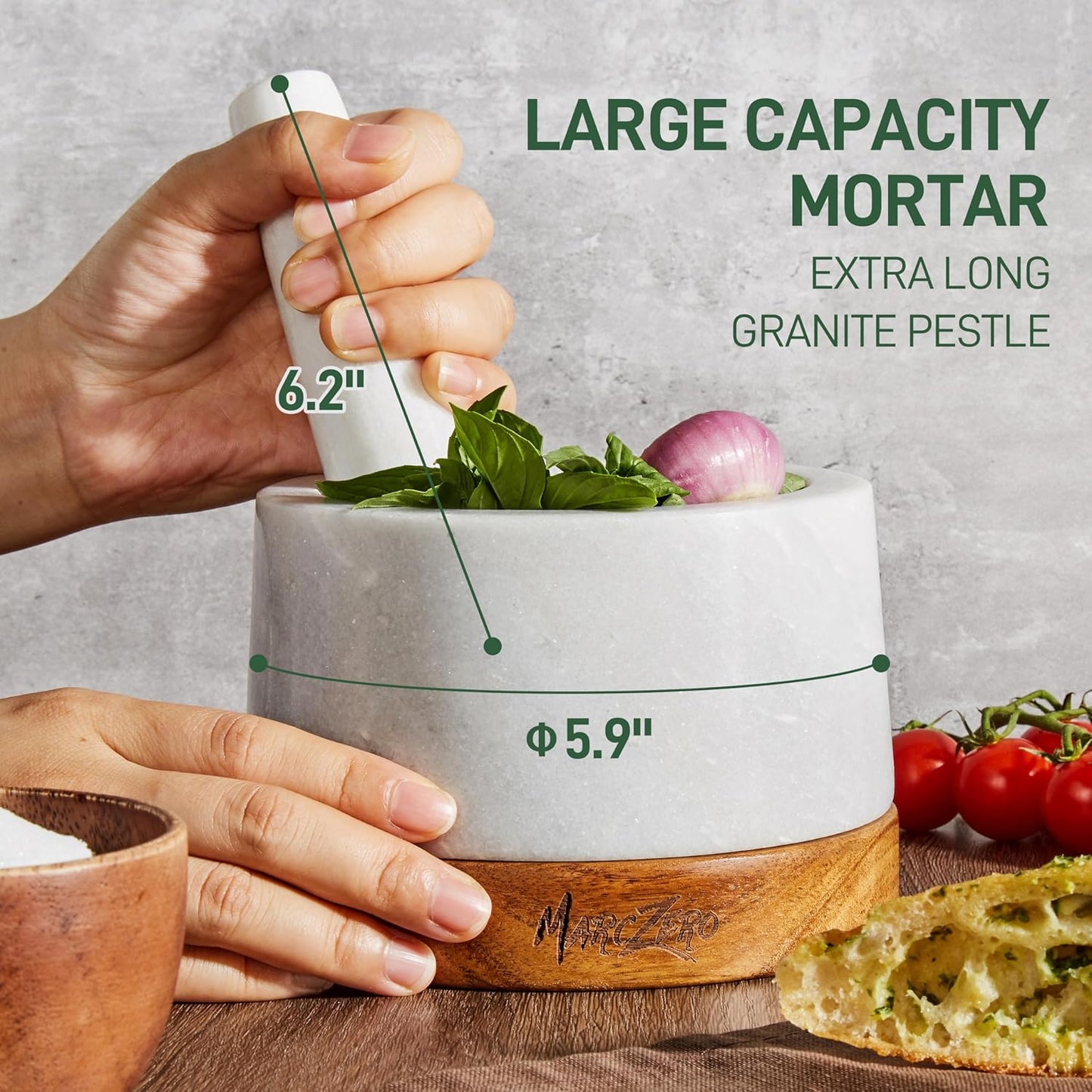 MarcZero 6inch Large Mortar and Pestle Set with Anti-Scratch Wooden Base, Heavy Duty Mortar and Pestle Made of Natural Marble(White)