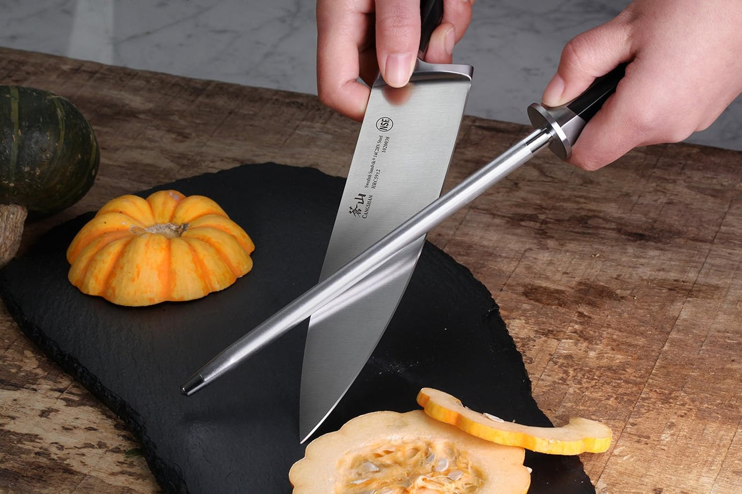 Cangshan TV2 Series 1023046 Swedish 14C28N Steel Forged 14-Piece DENALI Magnetic Knife Block Set, Acacia