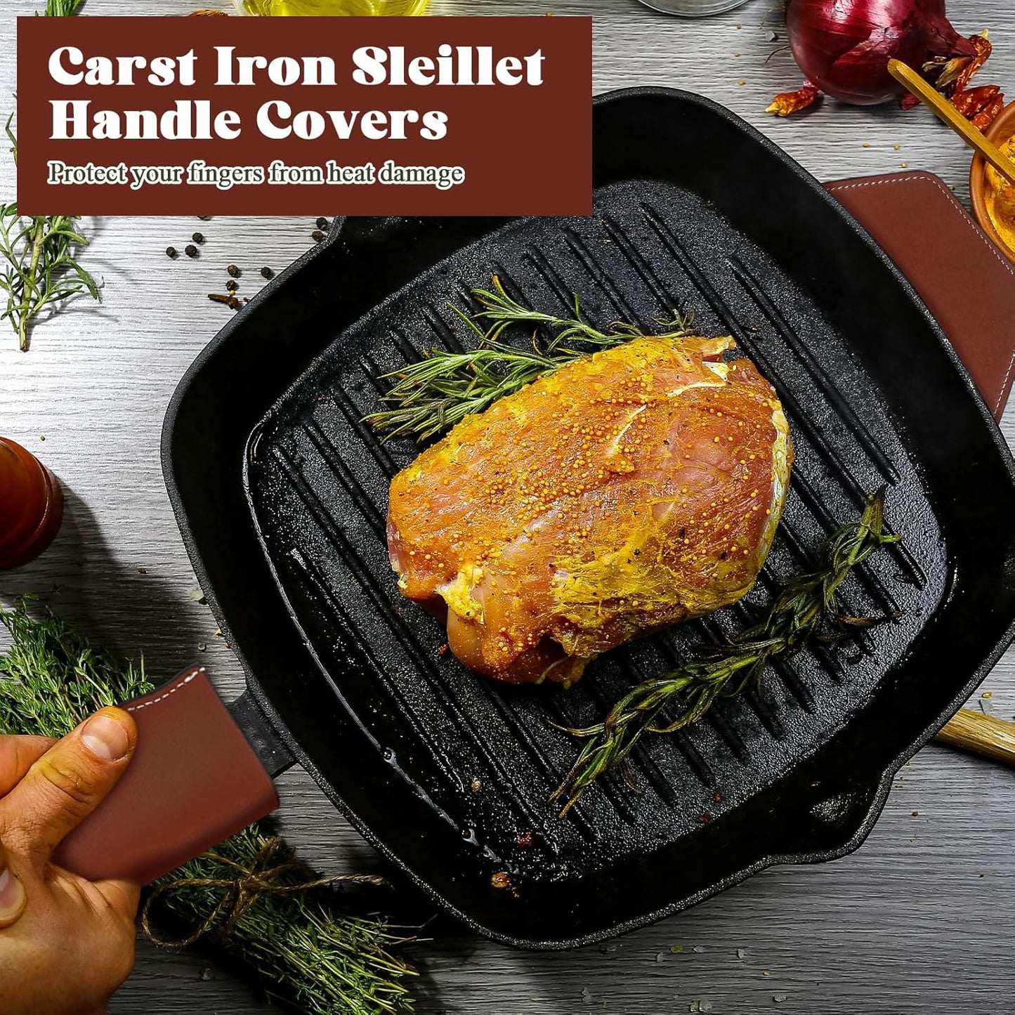 Baderke 4 Pcs Leather Cast Iron Handle Cover Handmade Leather Heat Resistant Skillet Handle Set Pot Holder for Hot Frying Pans, Pots(Dark Brown)