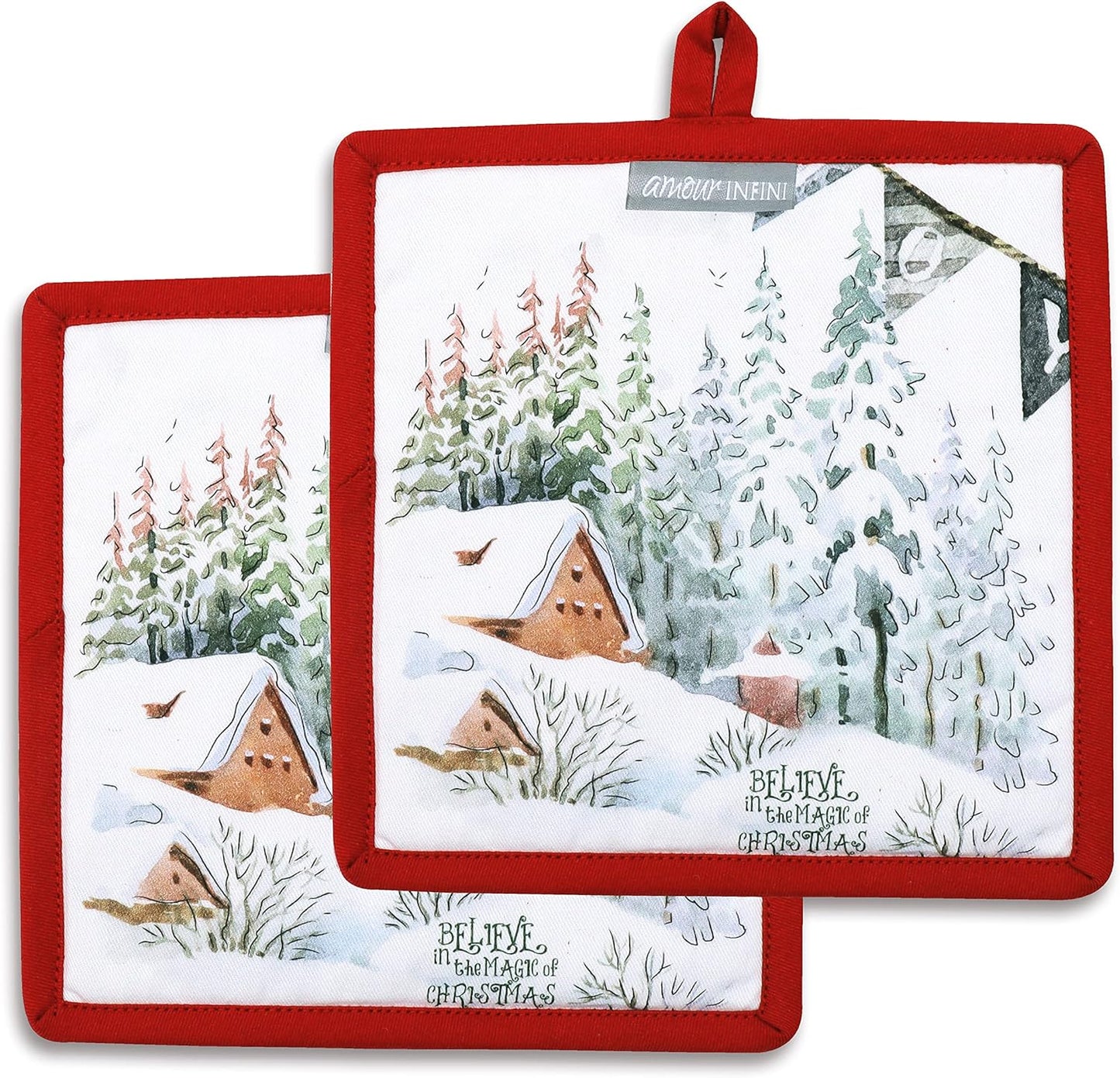 AMOUR INFINI Pot Holders Heat Resistant Cotton Set of 2 Nonslip 8"x8" Inch Hot Pads for Kitchen, BBQ, Baking & Cooking with Hanging Loops (Christmas Winter)