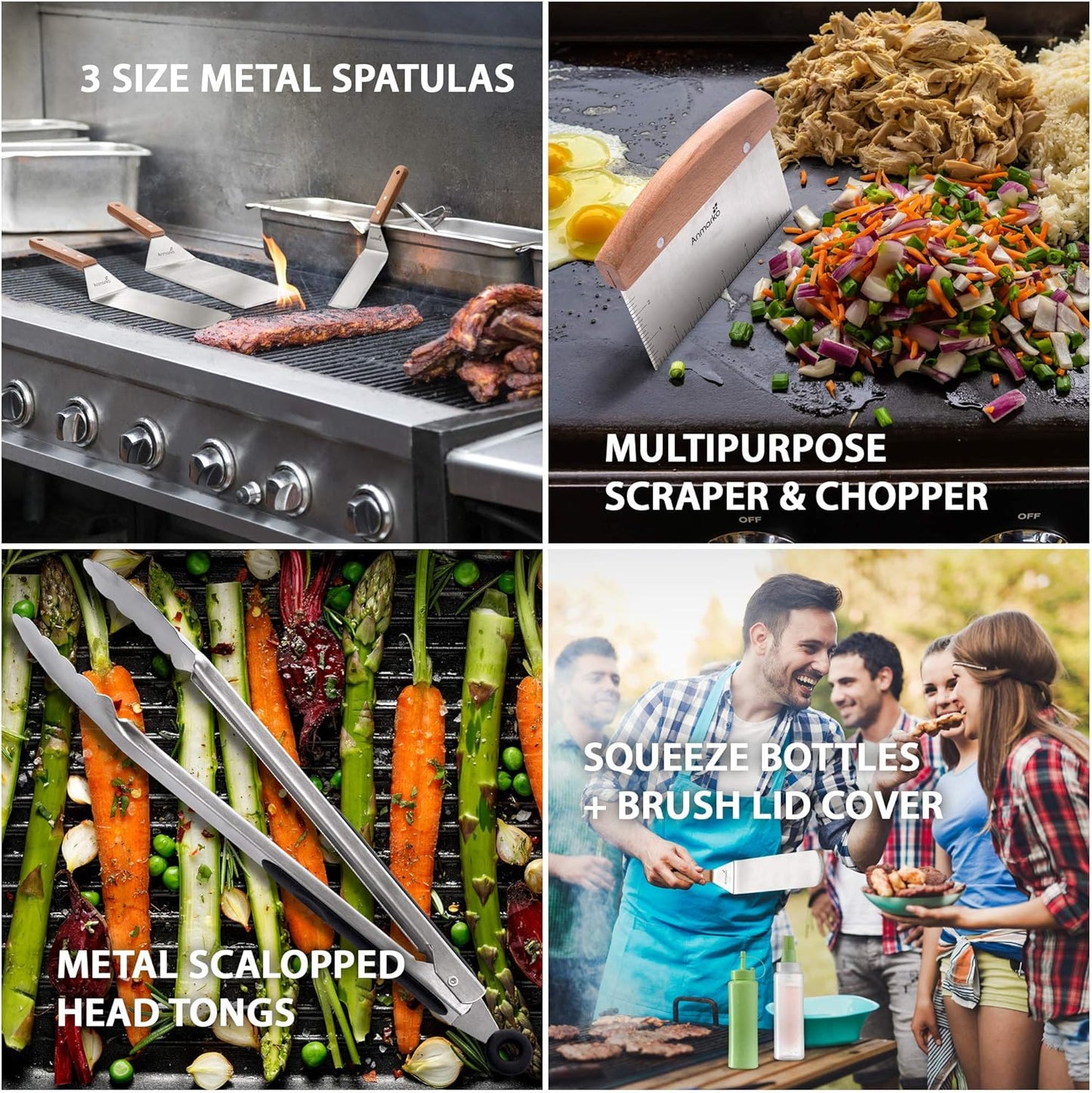 Metal Spatula Set - Griddle Accessories kit - Grill Flat Spatula Pancake Flipper Hamburger Turner - Metal Utensil Great for BBQ Grill Flat Top - Cast Iron Griddle Accessories - Commercial Grade