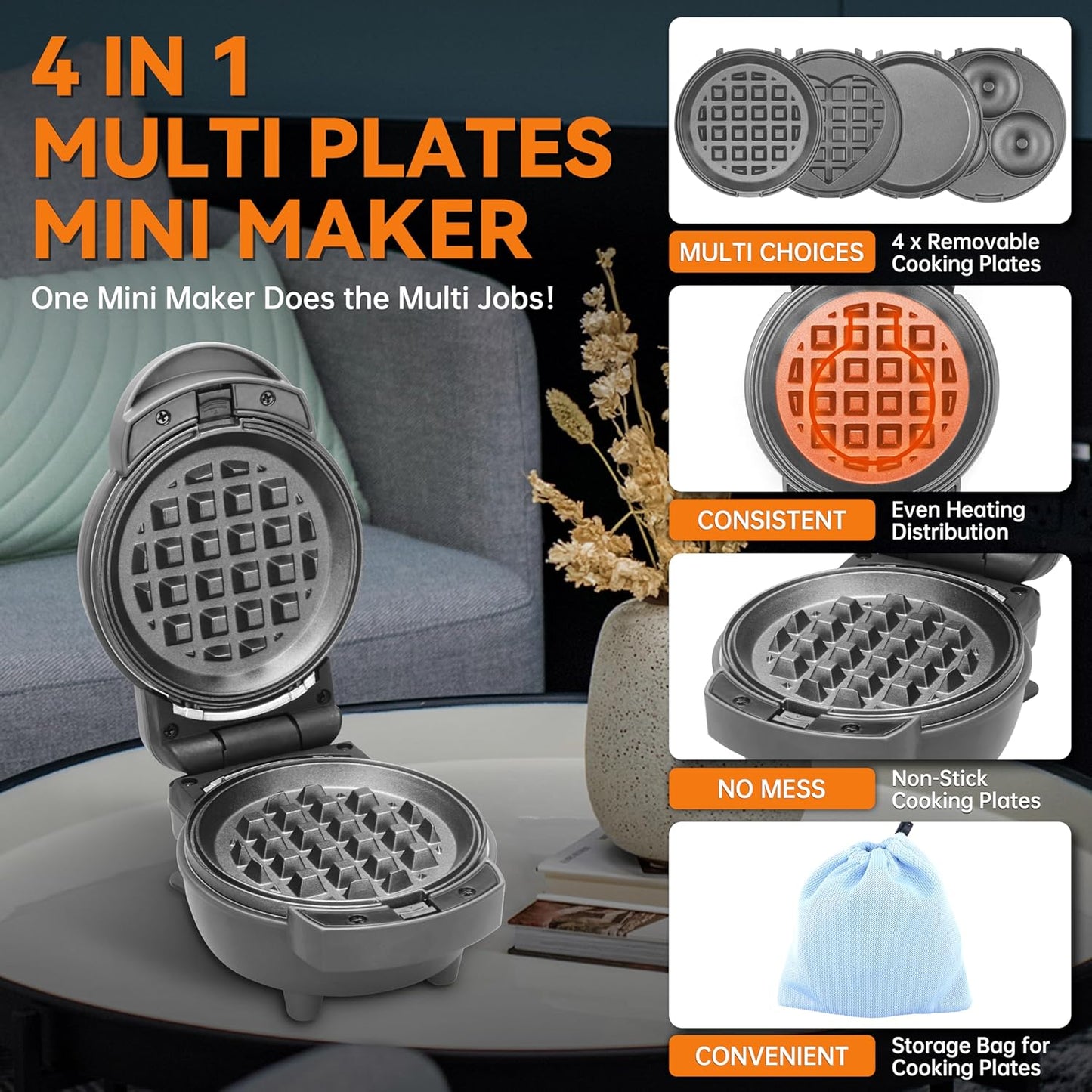Baker's Friend 4 in 1 Mini Waffle Maker with Removable Plates, A Set of Mini Pancake Maker, Mini Donut Maker, Mini Heart Shape Waffle Maker and Small Waffle Maker, Recipe Included, Graphite, Compact