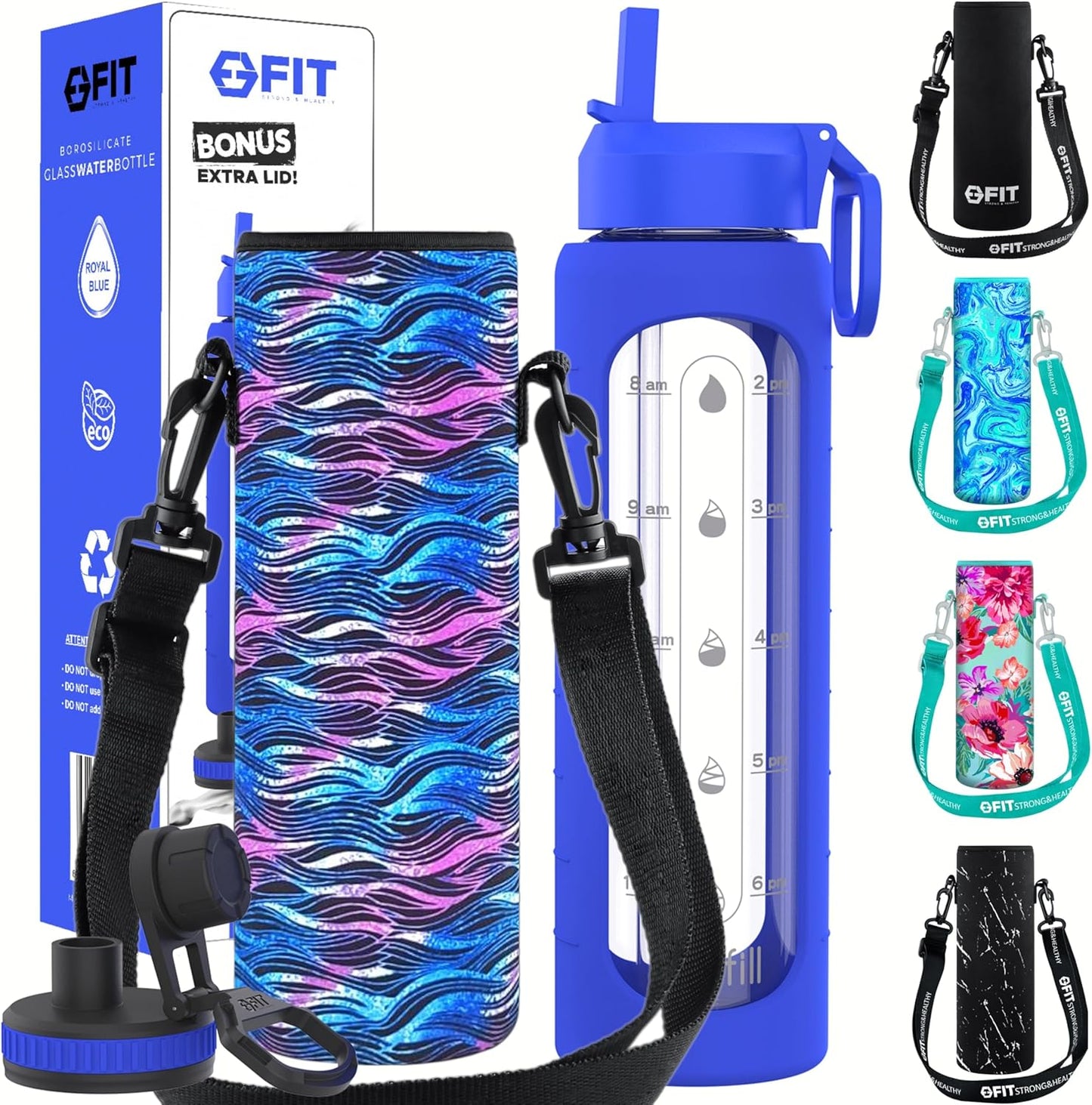 FIT Strong & Healthy 32 oz Glass Water Bottle with Straw Lid, Time Marker, Sleeve & Extra Lid - Motivational, Wide Mouth 1 Liter Glass Drinking Bottle