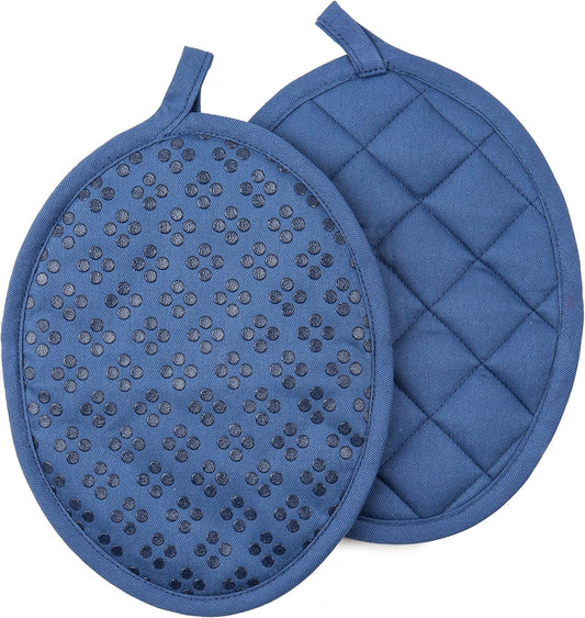 Sticky Toffee Silicone Pot Holders Set of 2, Dark Blue, Heat Resistant to 500°F, Non-Slip Oven Hot Pads with Oeko-Tex Cotton Shell, 7 x 9 in
