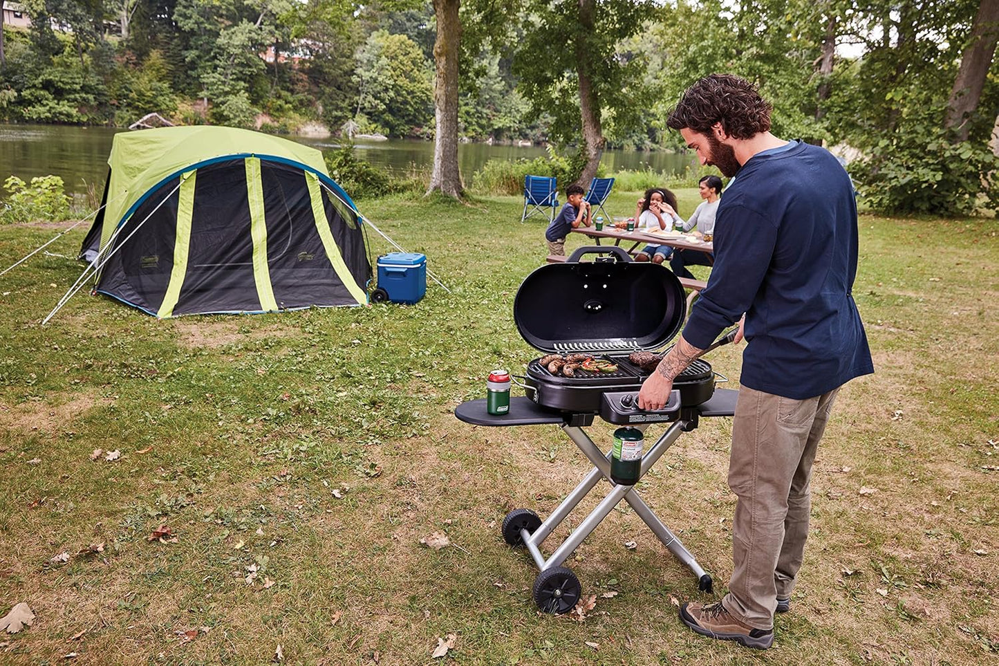 Coleman RoadTrip 285 Portable Stand-Up Propane Grill with 3 Adjustable Burners & Instastart Ignition, 20,000 BTUs of Power for Outdoor Cooking, Camping, Tailgating, Grilling, BBQs, & More