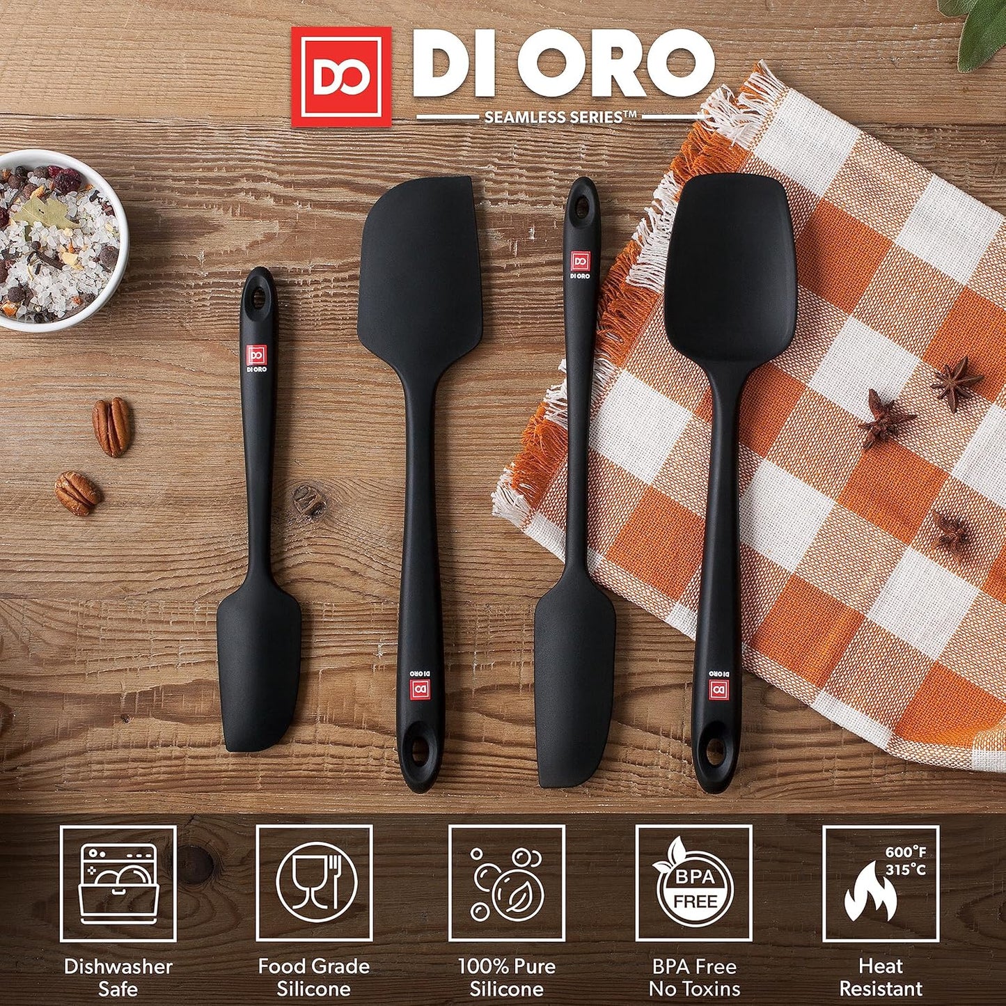 DI ORO Silicone Spatula Set - Rubber Kitchen Spatulas for Baking, Cooking, & Mixing - 600°F Heat-Resistant & BPA Free Silicone Scraper Spatulas for Nonstick Cookware - Dishwasher Safe (4pc, Black)