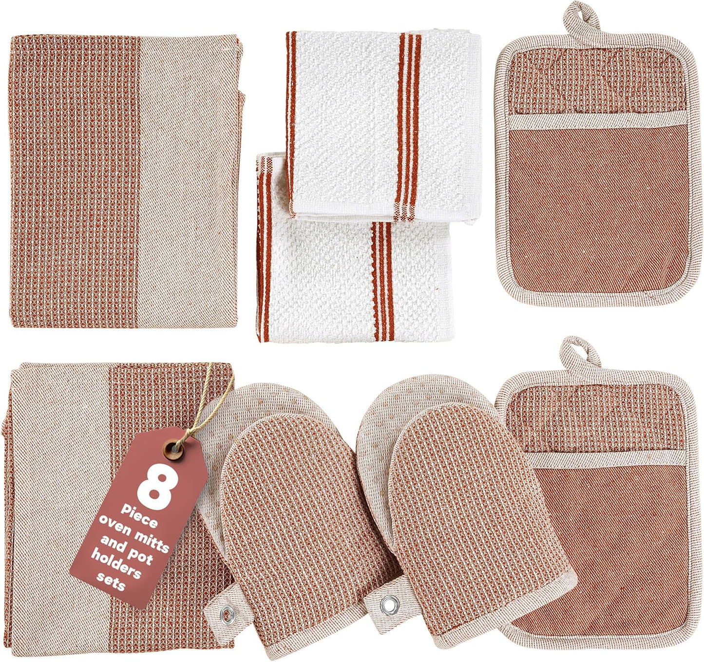 Casa Platino Potholders for Kitchens, 8-Piece – 500°F Heat Resistant Oven Mitts and Pot Holders, Mini Oven Mitts with Silicone Grip, 2 Kitchen Towels & 2 Dish Cloths – Durable & Non-Slip – Canyon Rose